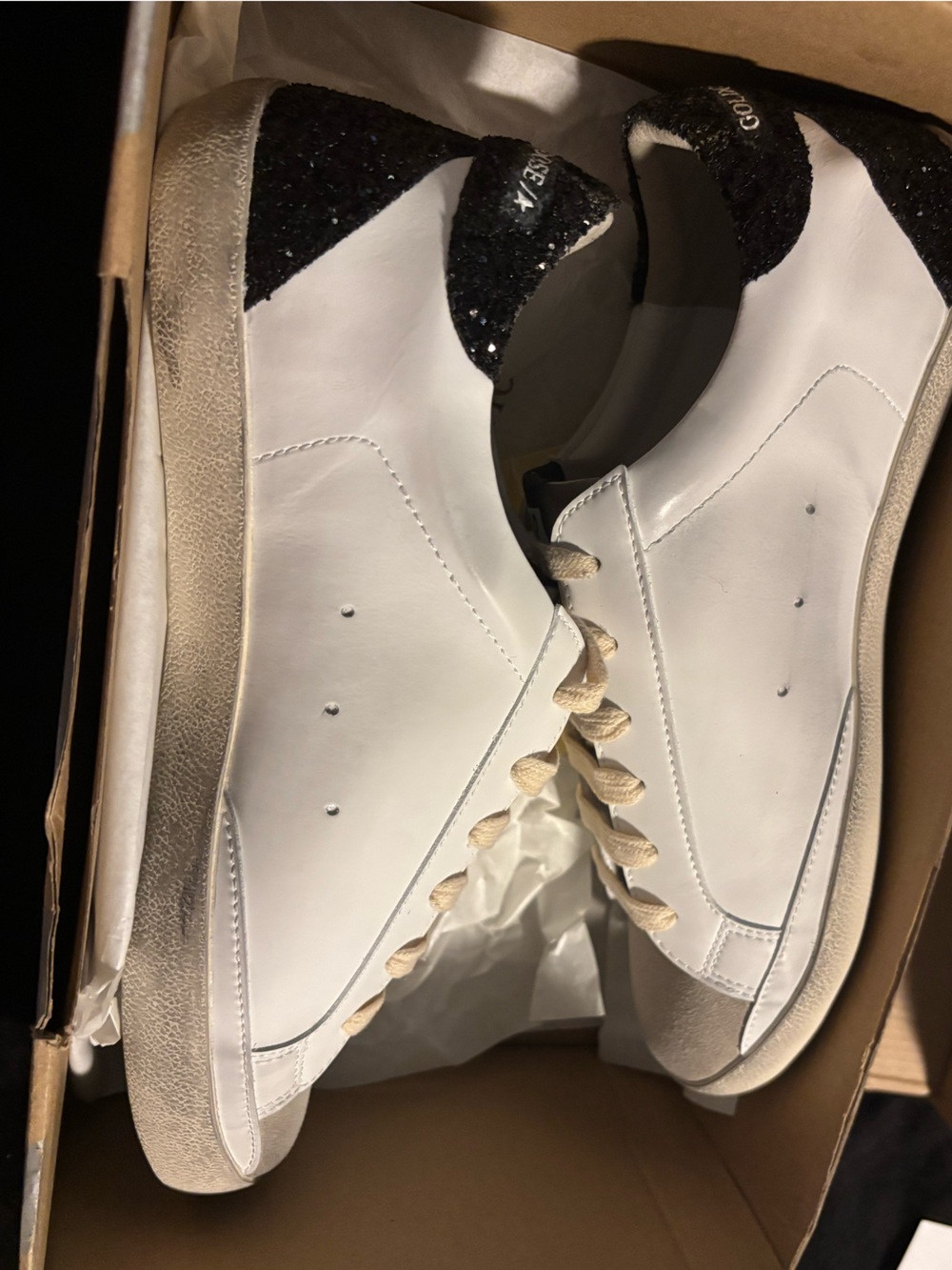 Golden Goose White Sneakers with Black Glitter Heel